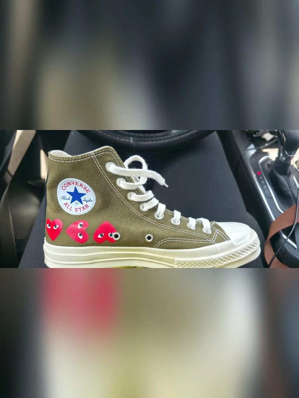 Converse Olive Green High Top Sneakers with Red Heart Accents